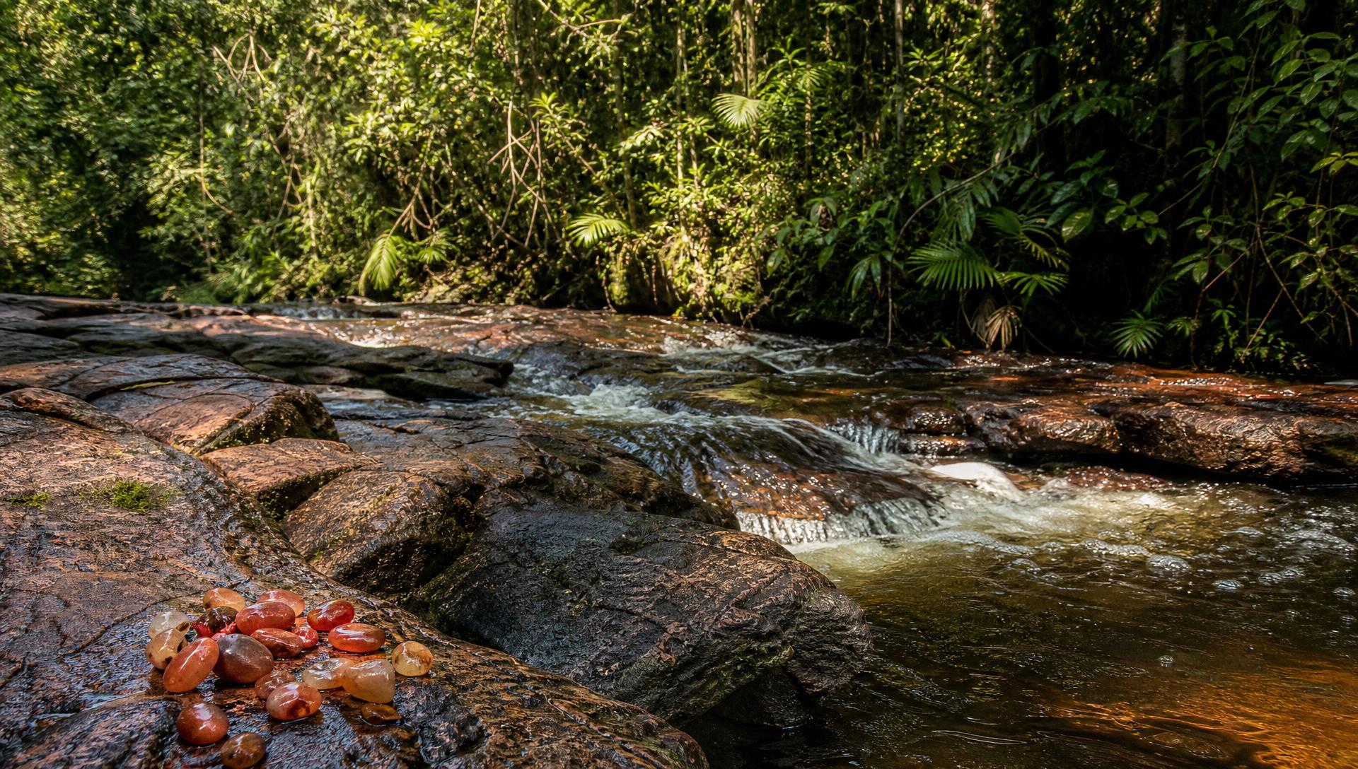 Pedras brutas limpas e naturalmente polidas sobre rocha, junto a um rio na floresta amazônica